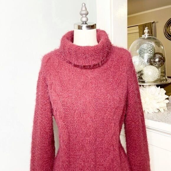 Lulu’s Joyous Cable Knit Turtleneck Sweater Dress Red Maroon Medium - Picture 6 of 12